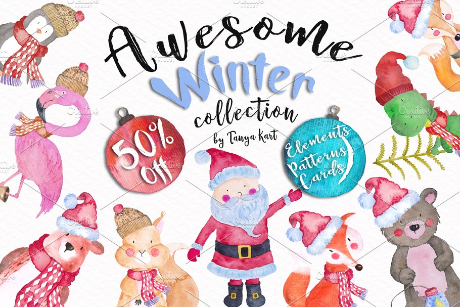 可爱冬日动物形象水彩图案 Cute Winter Animals Collection