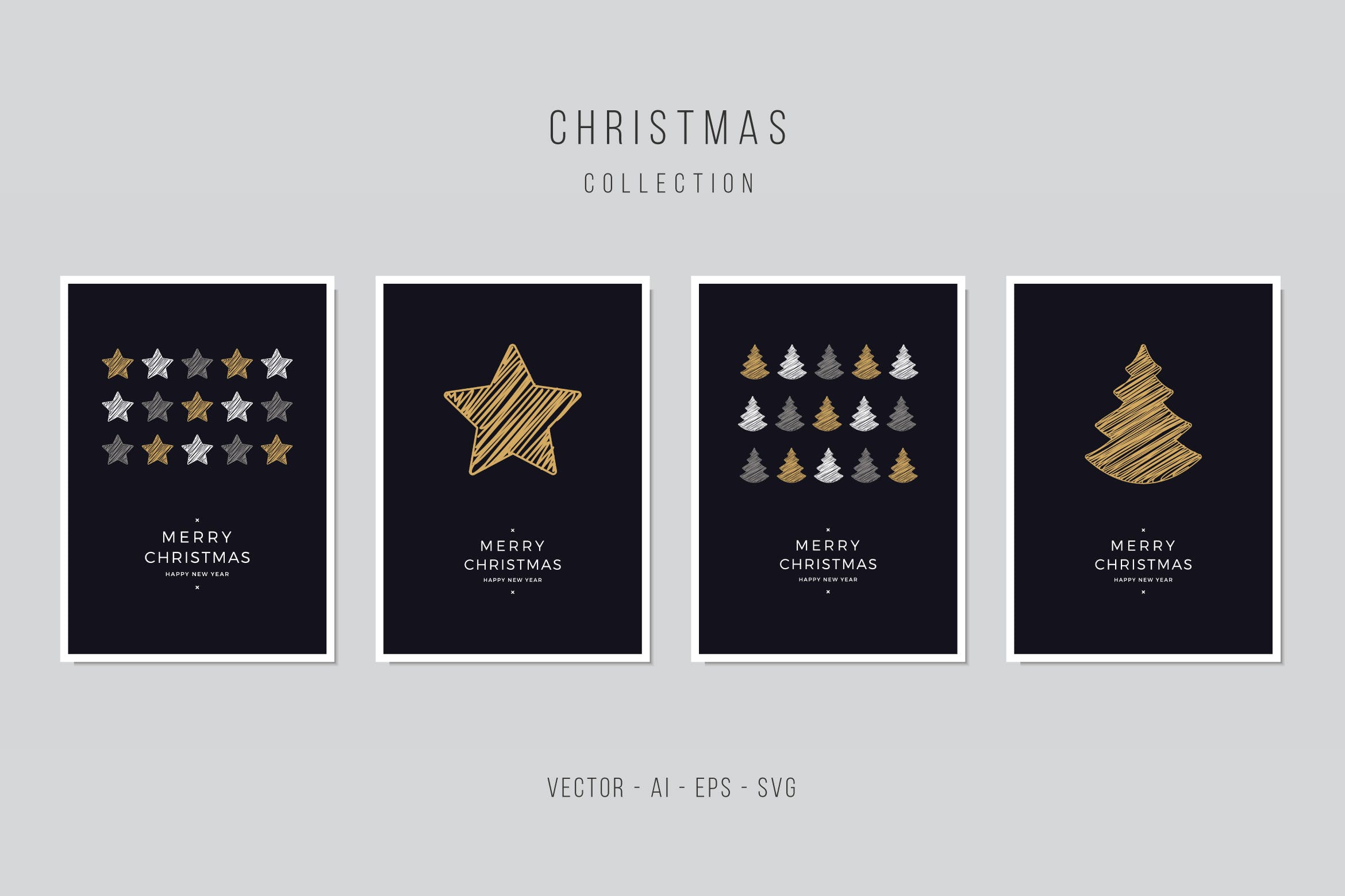 星星&圣诞树手绘圣诞节矢量贺卡模板集v1 Christmas Greeting Vector Card Set