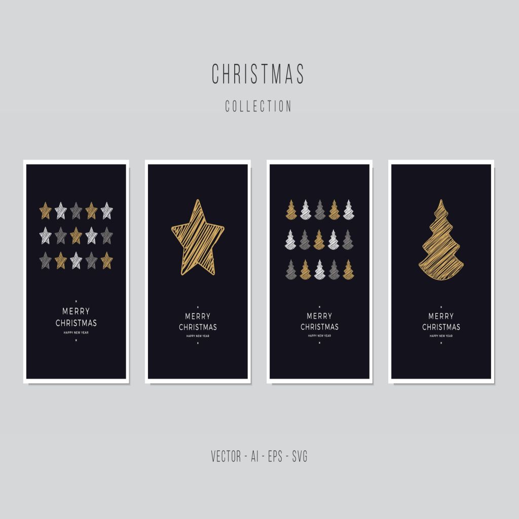 星星&圣诞树手绘圣诞节矢量贺卡模板集v1 Christmas Greeting Vector Card Set插图