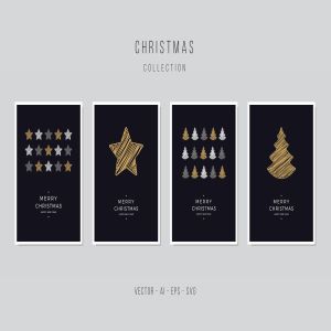 星星&圣诞树手绘圣诞节矢量贺卡模板集v1 Christmas Greeting Vector Card Set