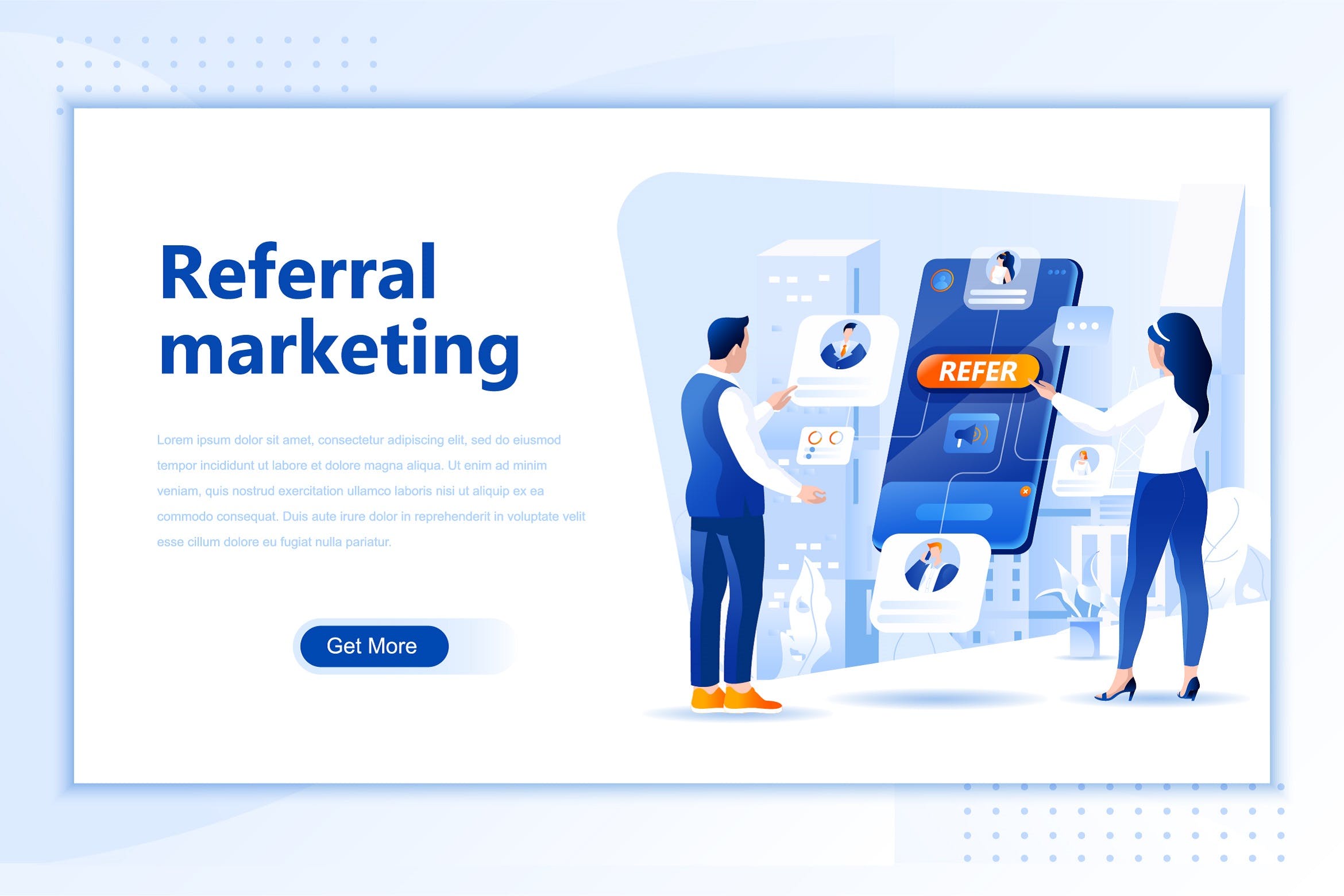 推荐营销主题网站页面设计矢量插画素材 Referral Marketing Flat Landing Page Header