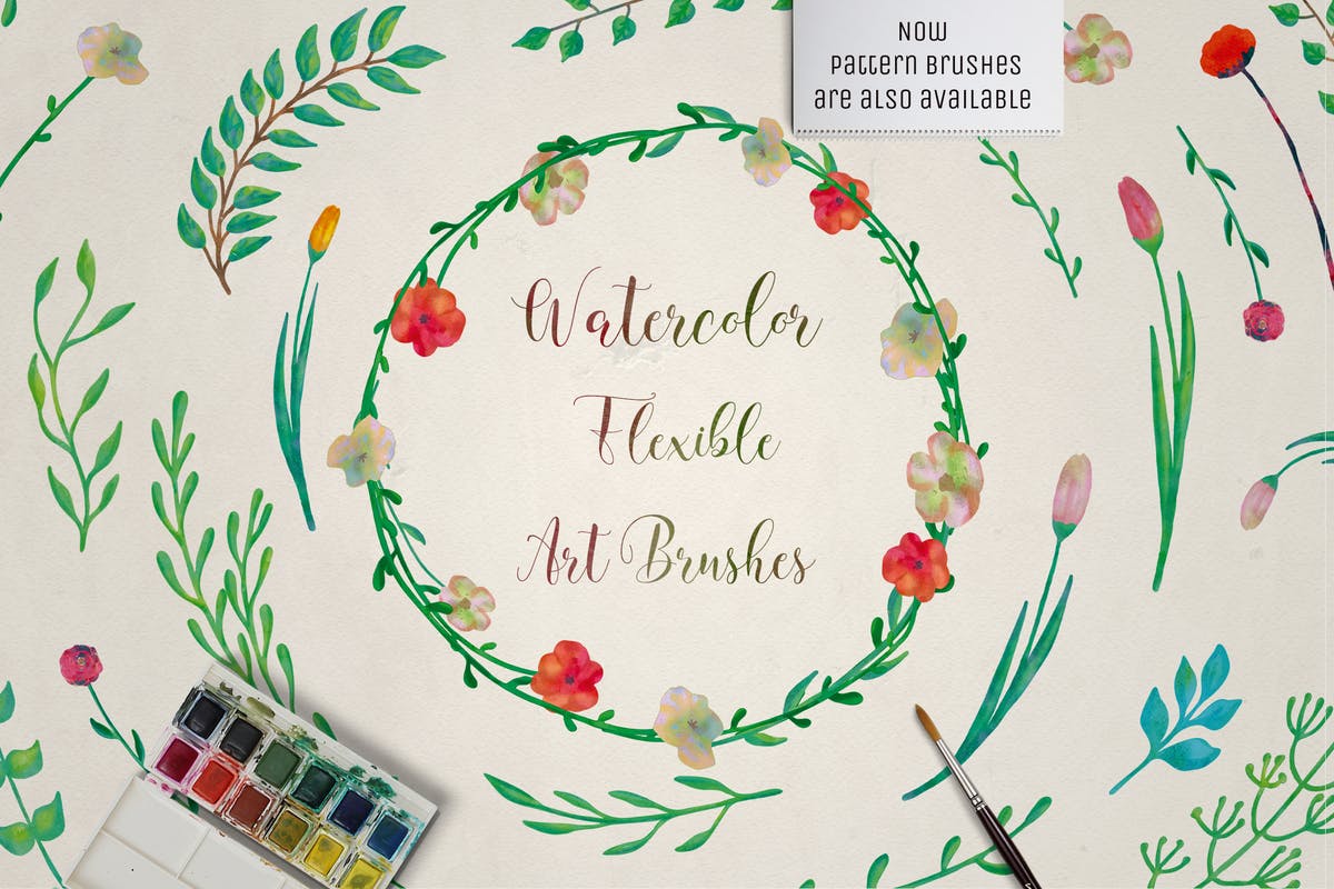 水彩花卉绘画图案＆AI画笔笔刷 Illustrator Floral Art & Pattern Brushes