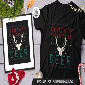圣诞节主题T恤麋鹿头印花图案设计模板 Santa Favorite Deer, Christmas Print TShirt Design插图1