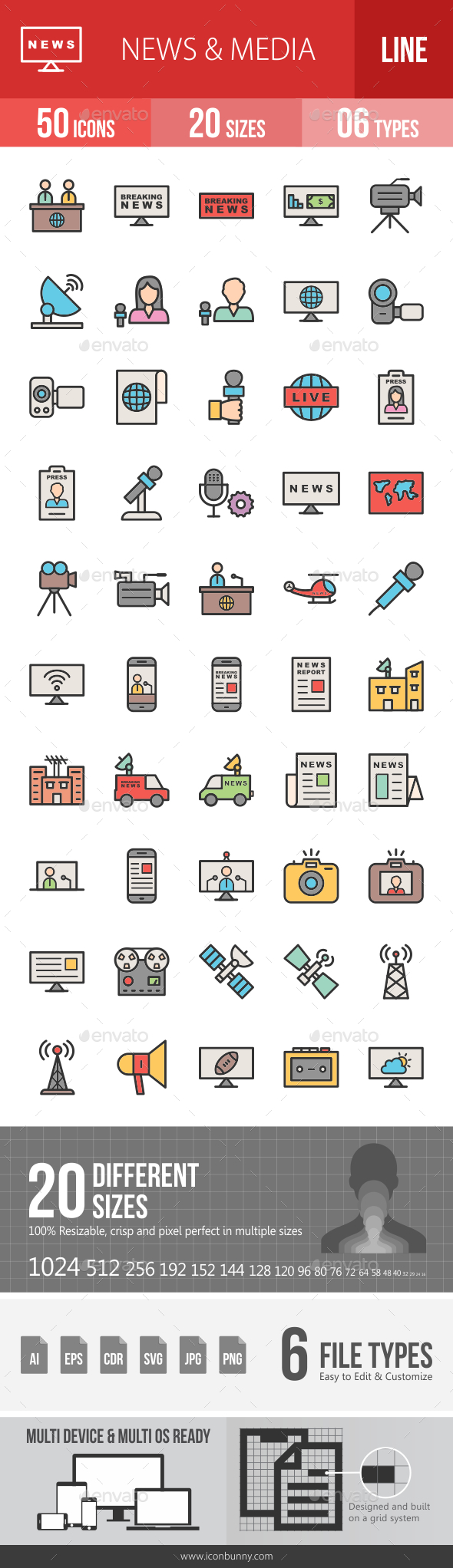 50枚新闻媒体类线描彩色图标[AI，CDR，EPS，JPG，PNG，SVG]