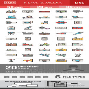 50枚新闻媒体类线描彩色图标[AI，CDR，EPS，JPG，PNG，SVG]