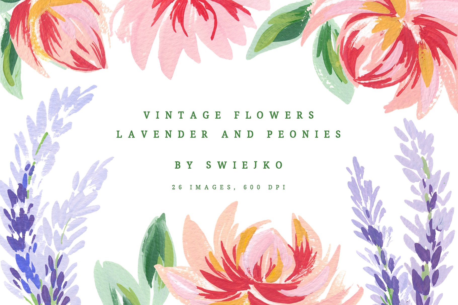 古典手绘牡丹薰衣草插画素材 Lavender & Peonies, vintage flowers