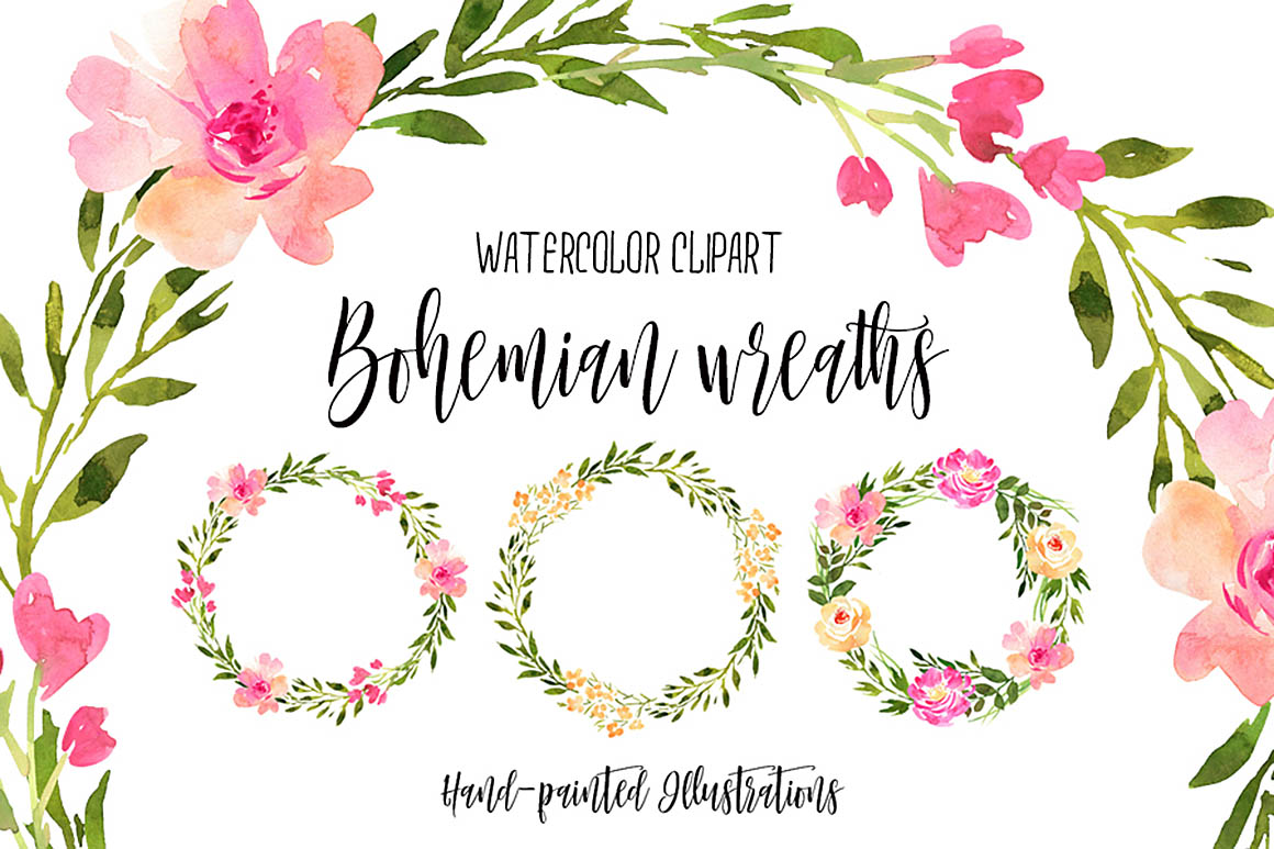 免费水彩花卉花环 Free Watercolor Bohemian Wreaths