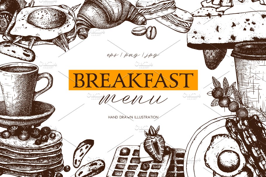 墨水手绘老式早餐模板设计元素 Hand Drawn Breakfast Design
