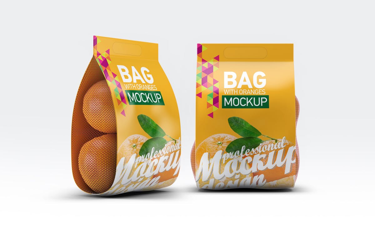 柑橘水果包装样机展示模板 Bag with Oranges Mockup