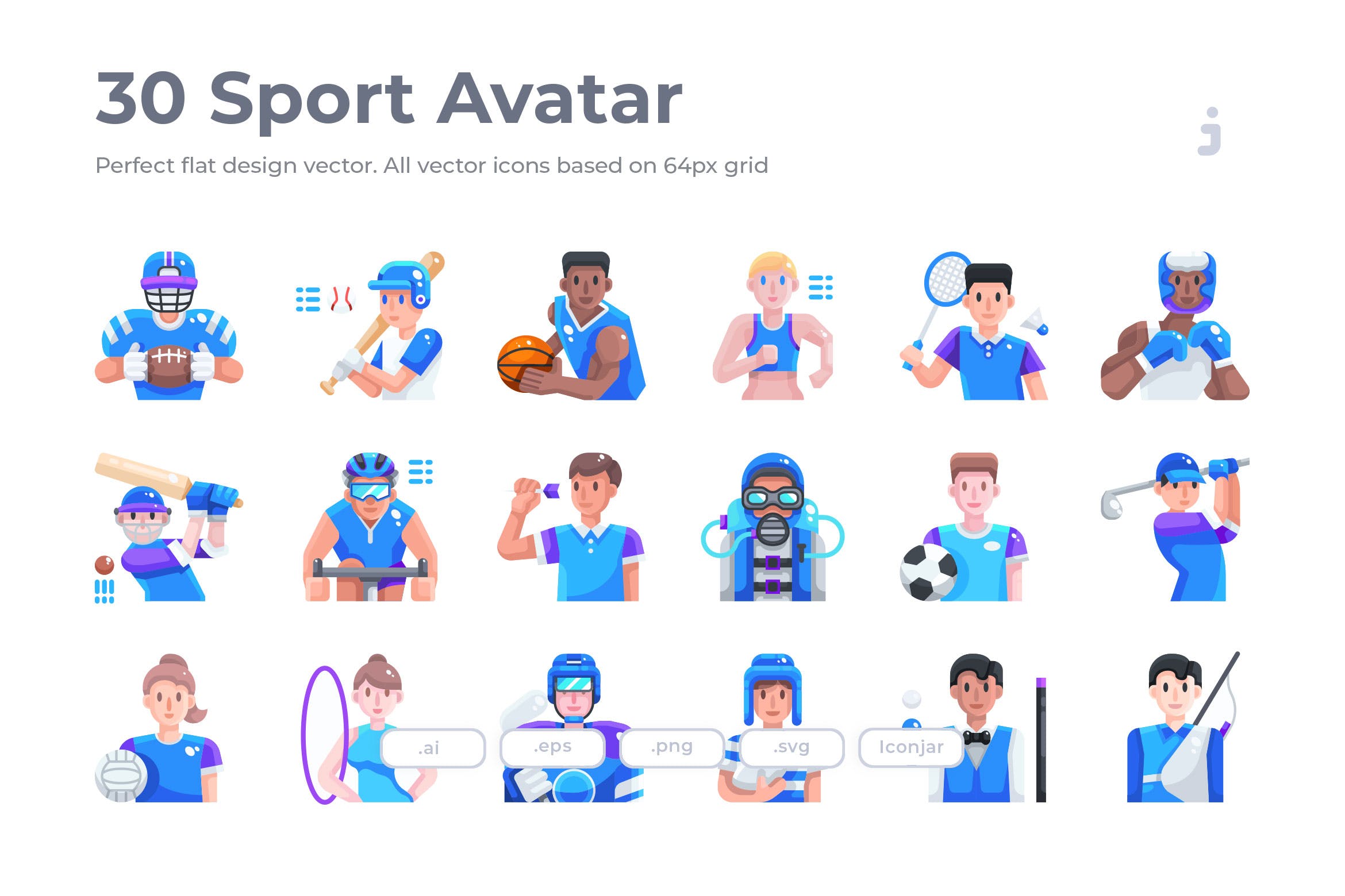 30枚运动员人物扁平化设计矢量图标 30 Sport Avatar Icons – Flat