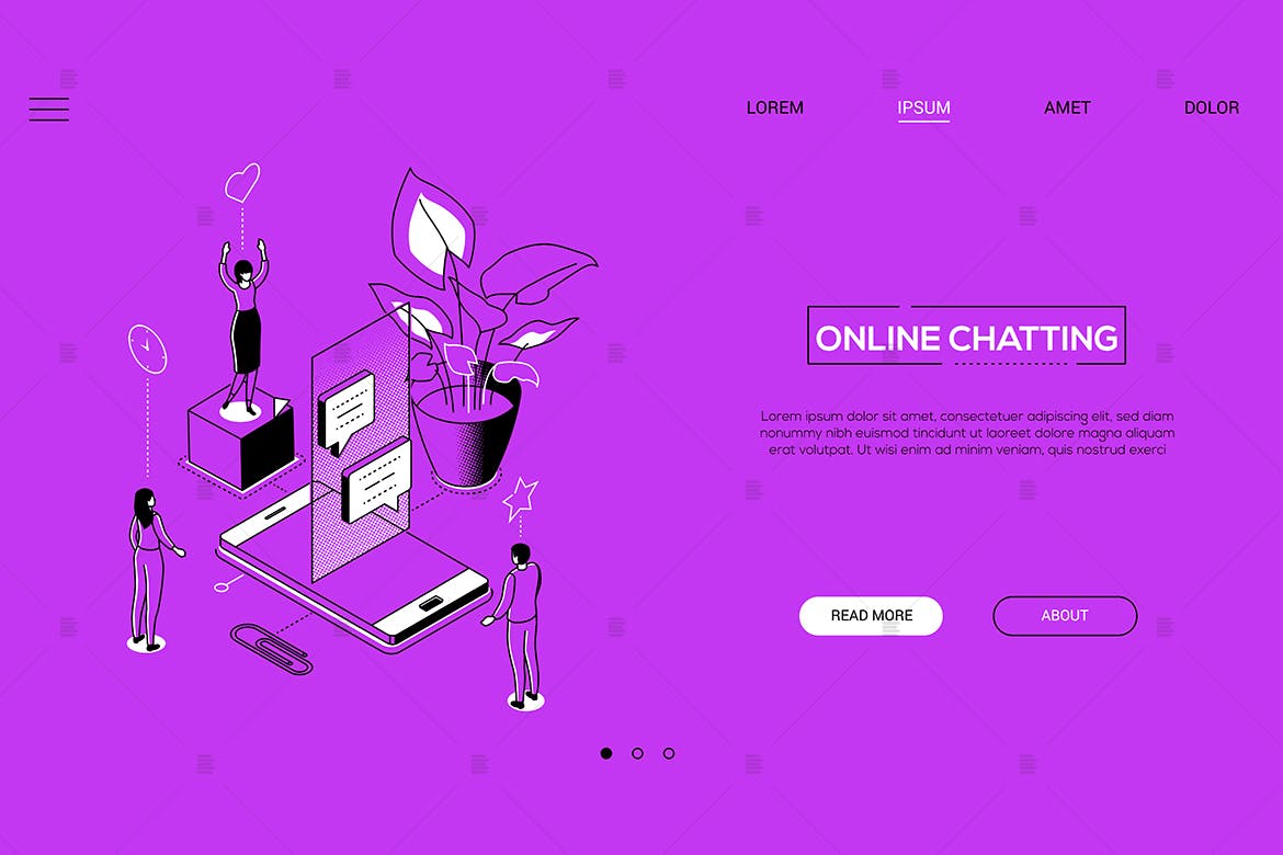 在线聊天线条艺术风格等距概念Banner设计模板 Online chatting – linear isometric web banner
