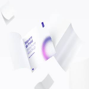 漂浮的方形对折小册子传单设计预览免费样机模板 FREE Square Bi Fold Brochure Mockup, Floating 3K