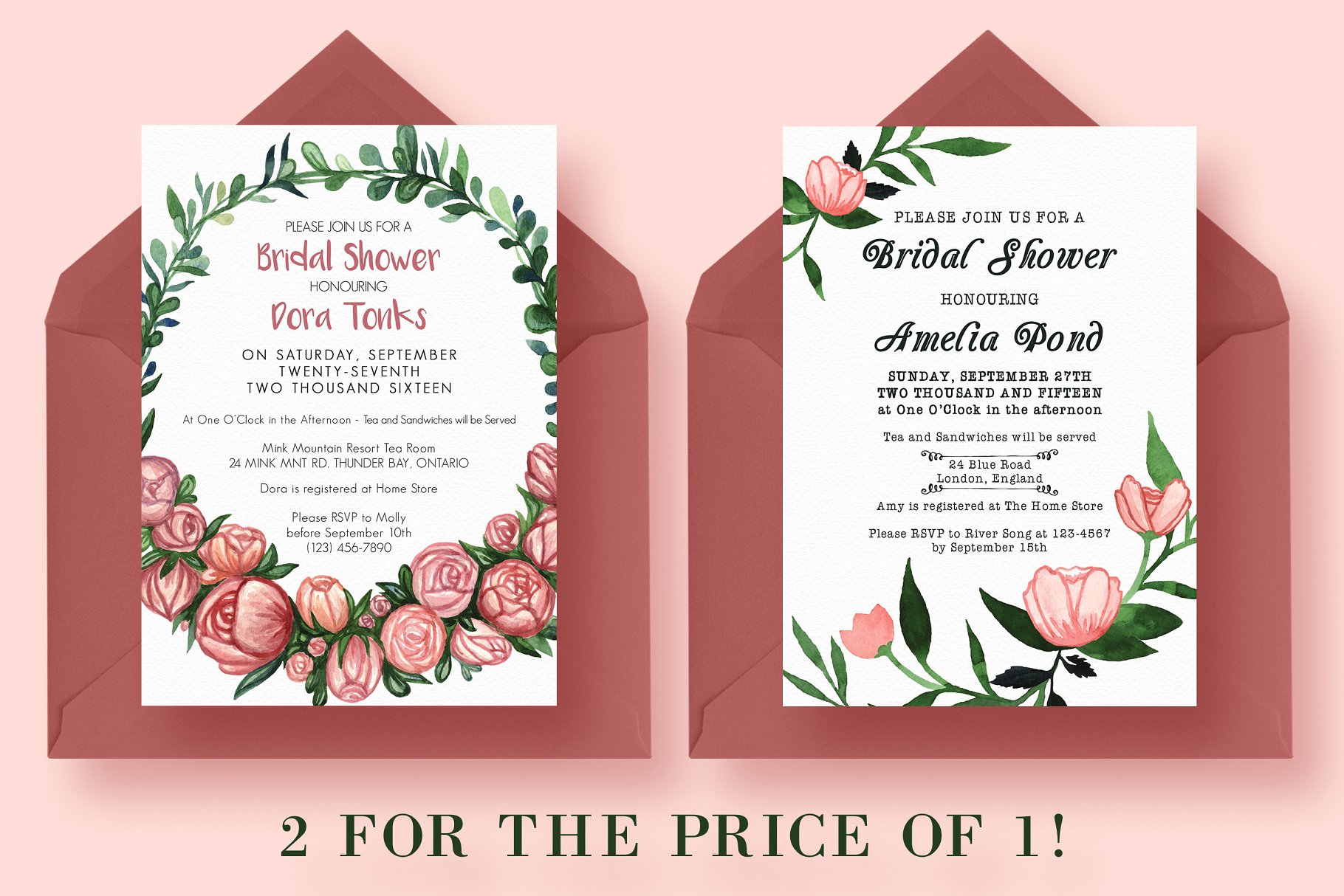 2合1花卉装饰新娘送礼婚礼邀请函设计模板 2 FOR 1 Bridal Shower Invitations