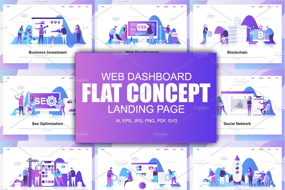 现代化平面设计理念Web仪表板登录页面模板 Landing Page Templates