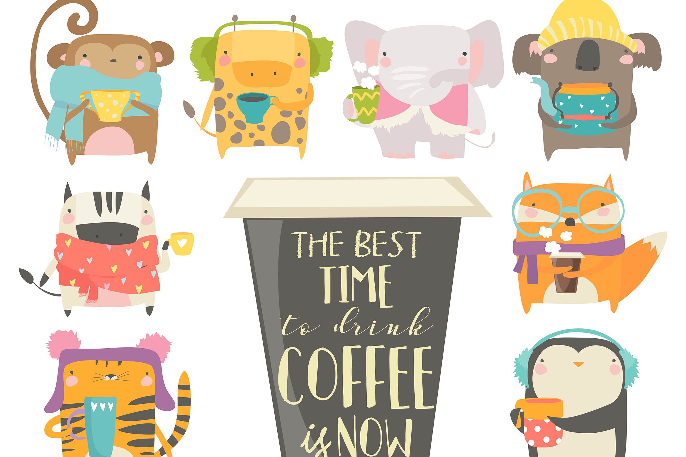 创意卡通动物矢量插画素材 Vector collection animals in sweater and scarf