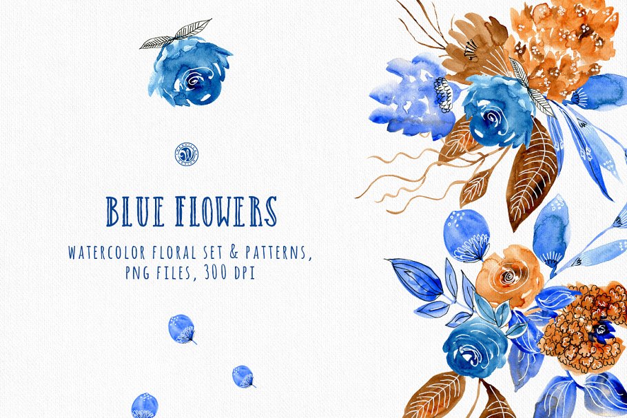蓝色手绘水彩花卉插画合集 Blue Flowers