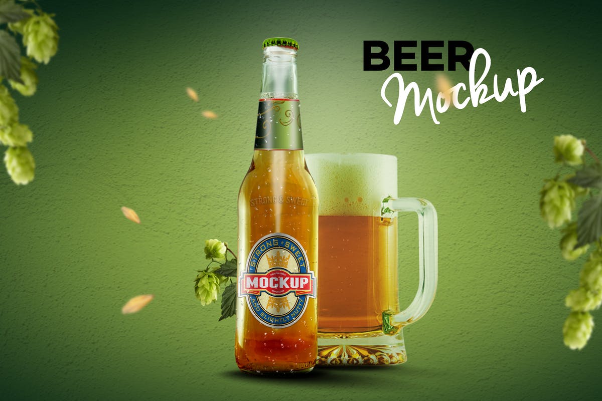 透明玻璃啤酒瓶包装样机模板 Beer Bottle Mockup