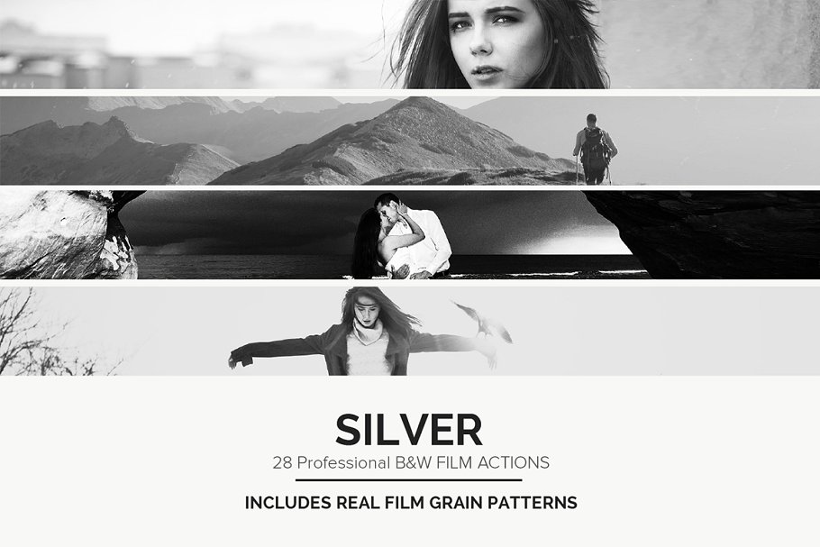 28款B&W黑白电影胶片效果PS动作合集 Silver – 28 Real B&W Film Emulations