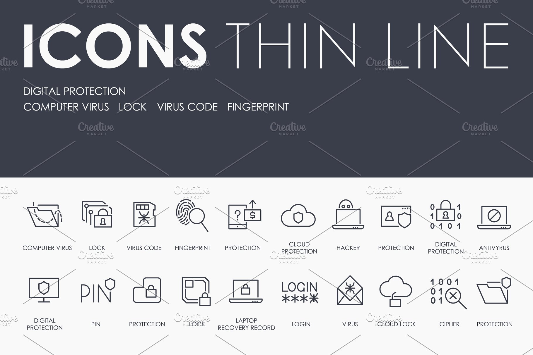 数字信息安全细线图标 Digital protection thinline icons