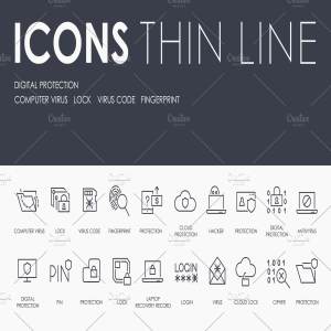 数字信息安全细线图标 Digital protection thinline icons