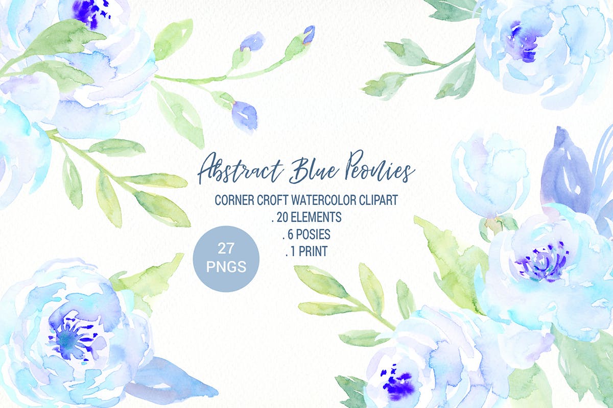 蓝色牡丹水彩系列插画合集 Watercolor Blue Peony Collection