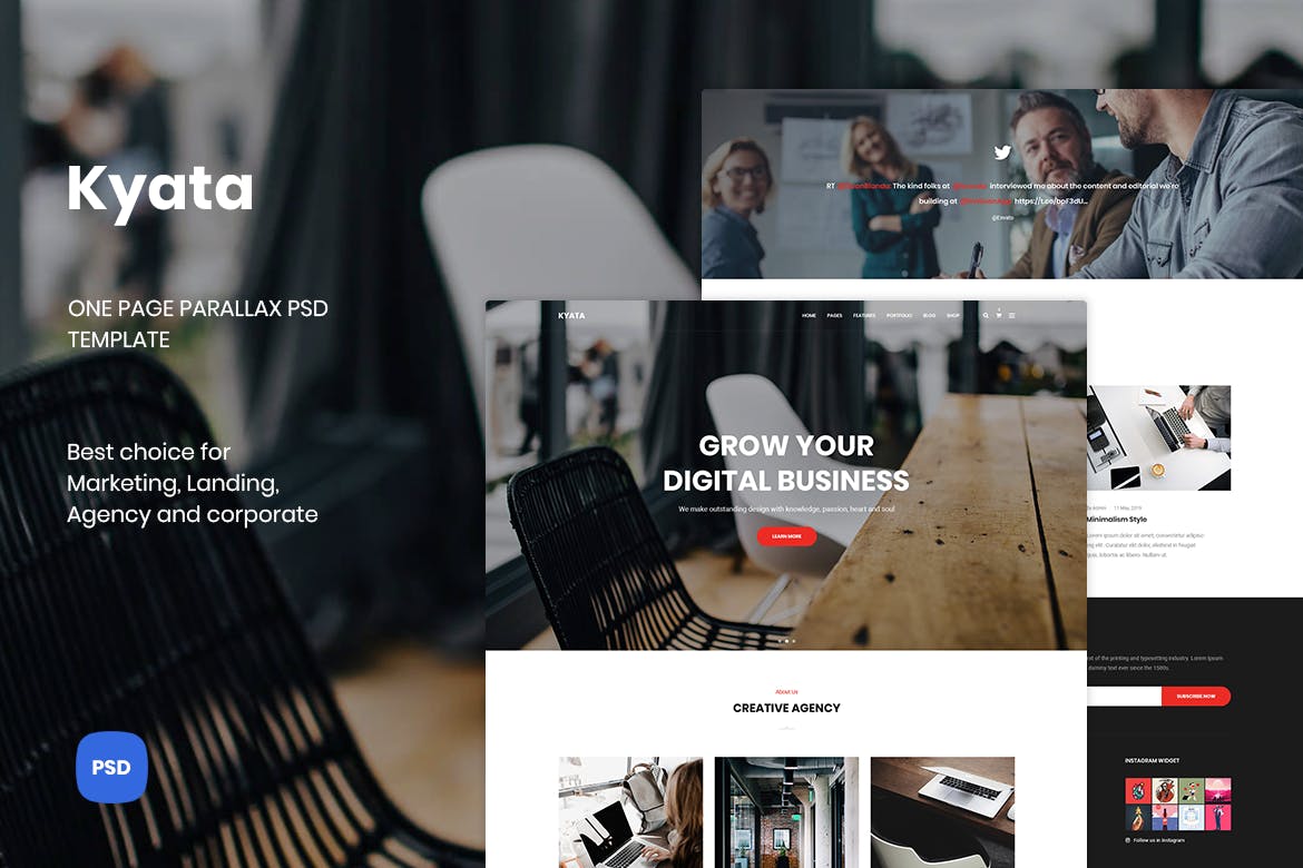 视觉差滚动特效单页设计风格网站设计PSD模板 Kyata | One Page Parallax PSD Template