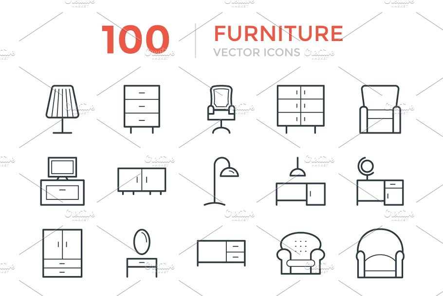 100个家居家具矢量线条图标  100 Furniture Vector Icons
