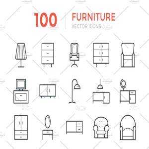 100个家居家具矢量线条图标  100 Furniture Vector Icons
