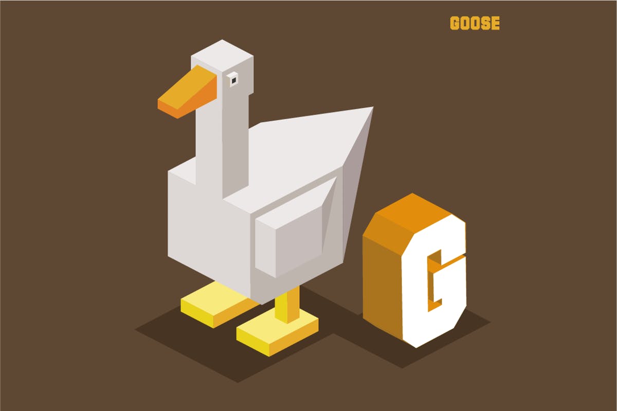 字母G&鹅动物英文字母识字卡片设计2.5D矢量插画素材 G for goose, Animal Alphabet