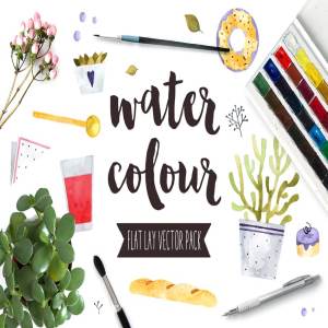 扁平风水彩矢量图形合集 Watercolor Flat Lay Vector Pack