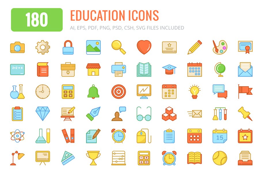 180枚教育主题彩色线条图标 180 Education Colored and Line Icons