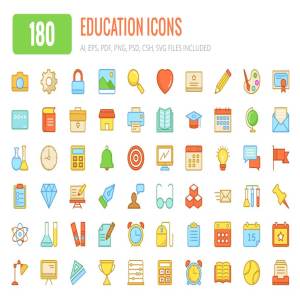 180枚教育主题彩色线条图标 180 Education Colored and Line Icons