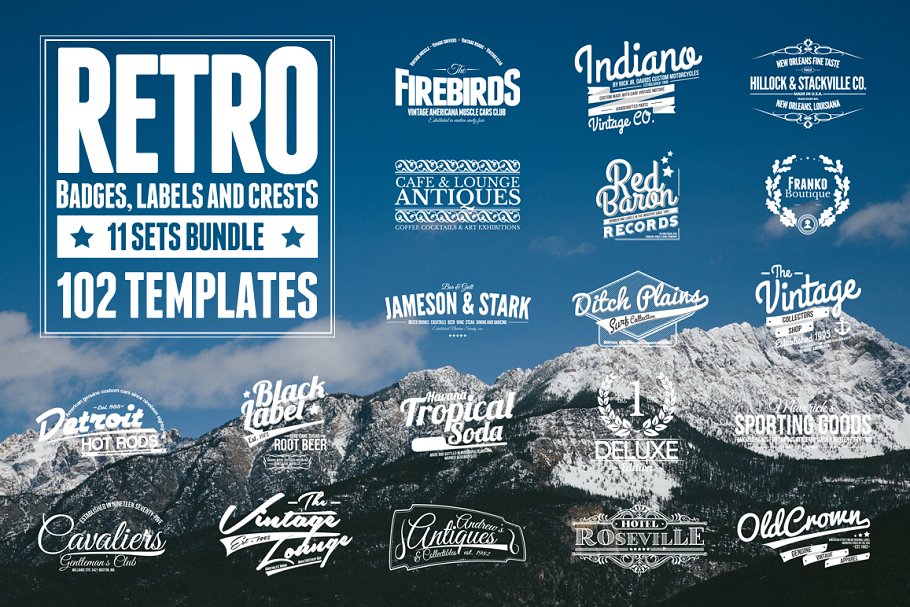 102个复古徽章，标签和Logo模板 102 Retro Badges, Labels and Crests
