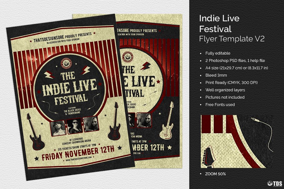 独立音乐节派对传单PSD模板v2 Indie Live Festival Flyer PSD V2