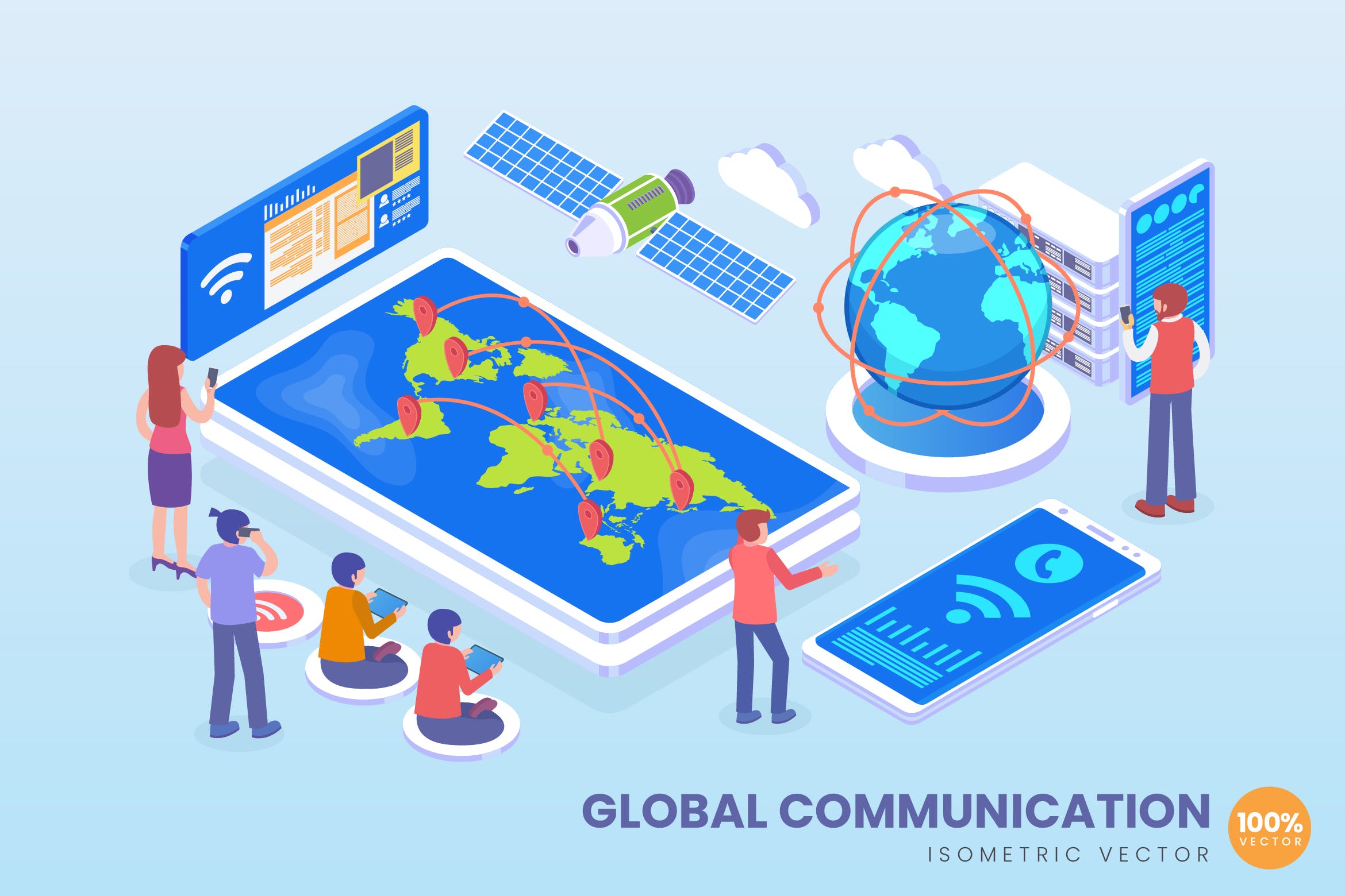 全球互联通讯技术主题等距矢量概念插画素材 Isometric Global Communication Vector Concept