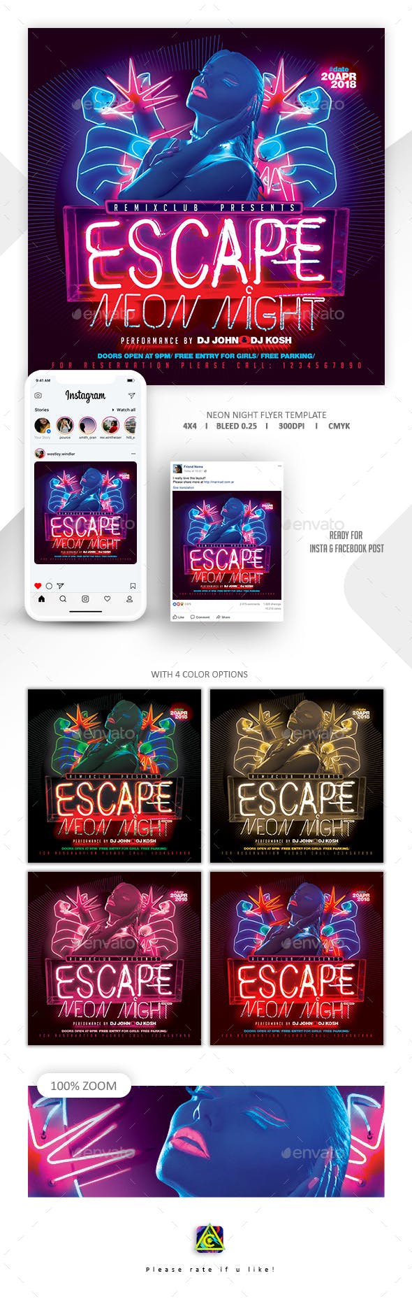 霓虹灯广告牌效果的海报模板 Neon Flyer Template [psd]