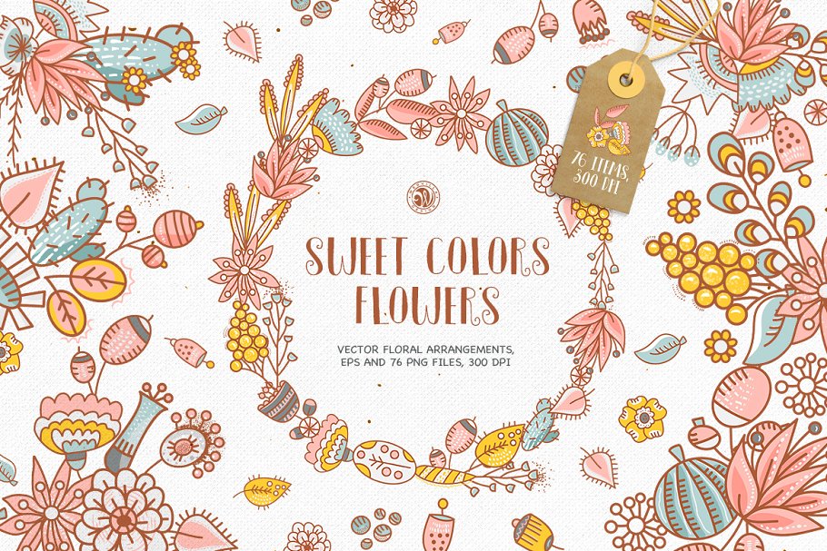 甜蜜色彩手绘花卉插画 Sweet Colors Flowers