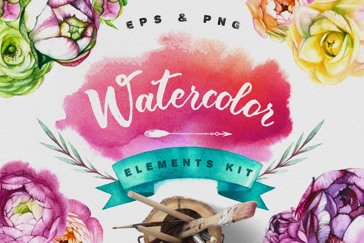 水彩手绘花卉插画元素大合集 Watercolor Flowers