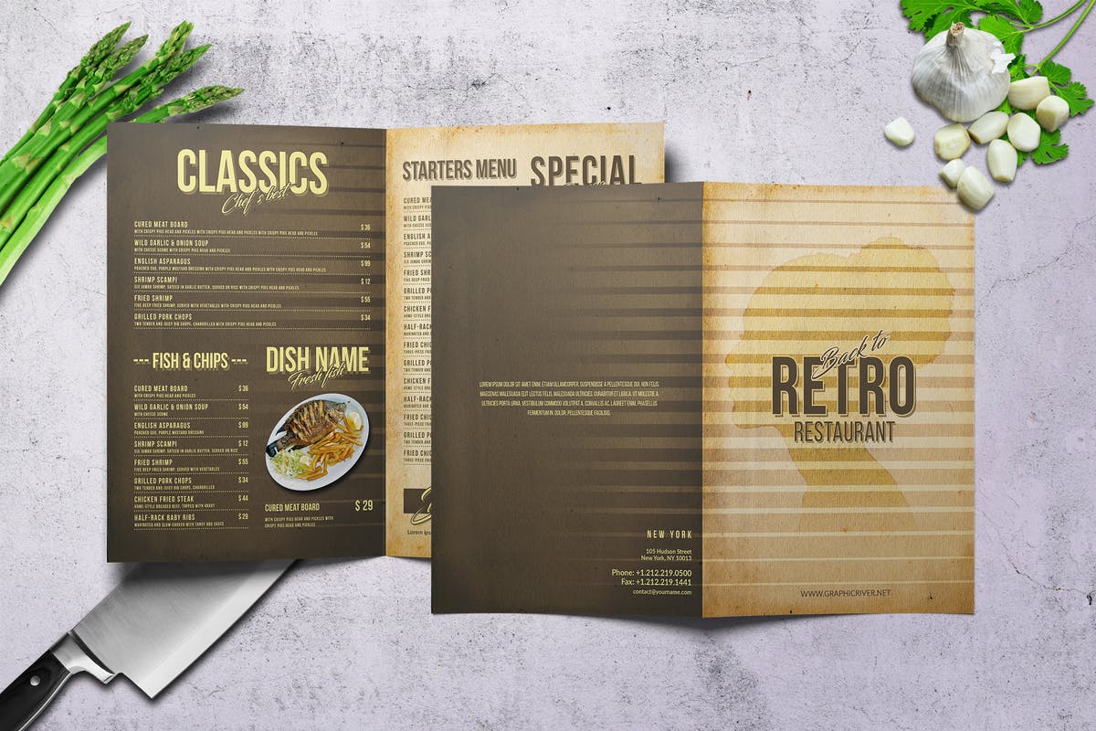 80年代复古设计风格双折页菜单PSD模板 80’s Retro Bifold A4 & US Letter Menu