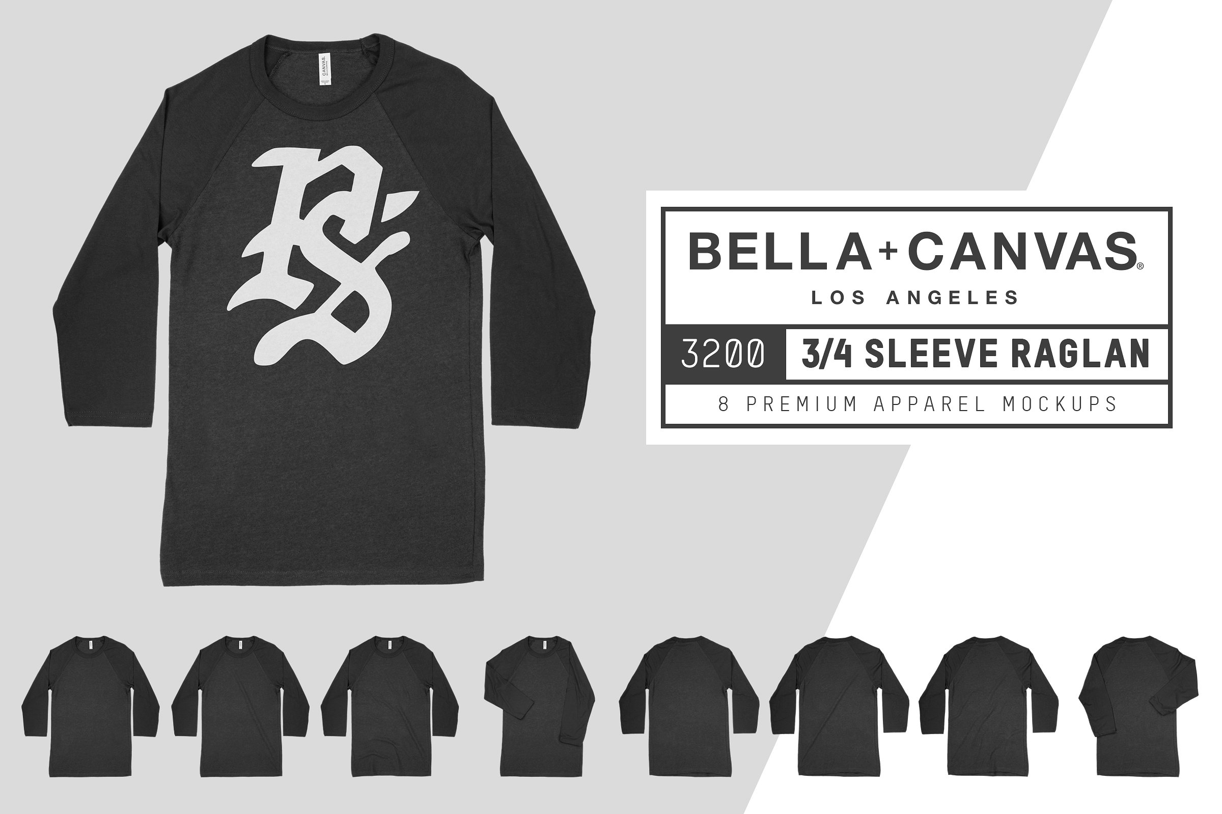 3/4袖男士篮球T恤服装样机 Bella Canvas 3200 3/4 Baseball Tee