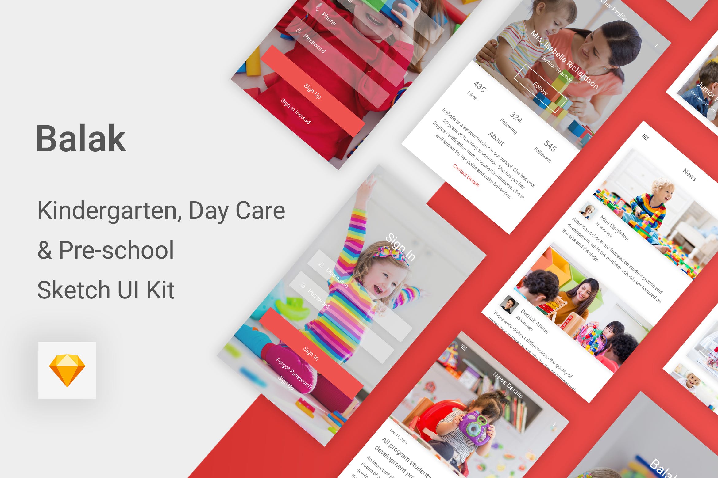学期教育&幼儿园APP应用UI界面设计SKETCH模板 Balak – Kindergarten & Pre-school Sketch UI Kit