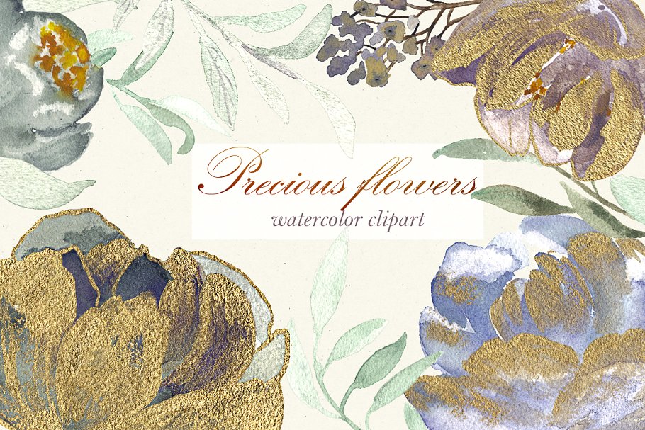 奢华手绘水彩黄金牡丹剪贴画 Precious flowers. Watercolor gold