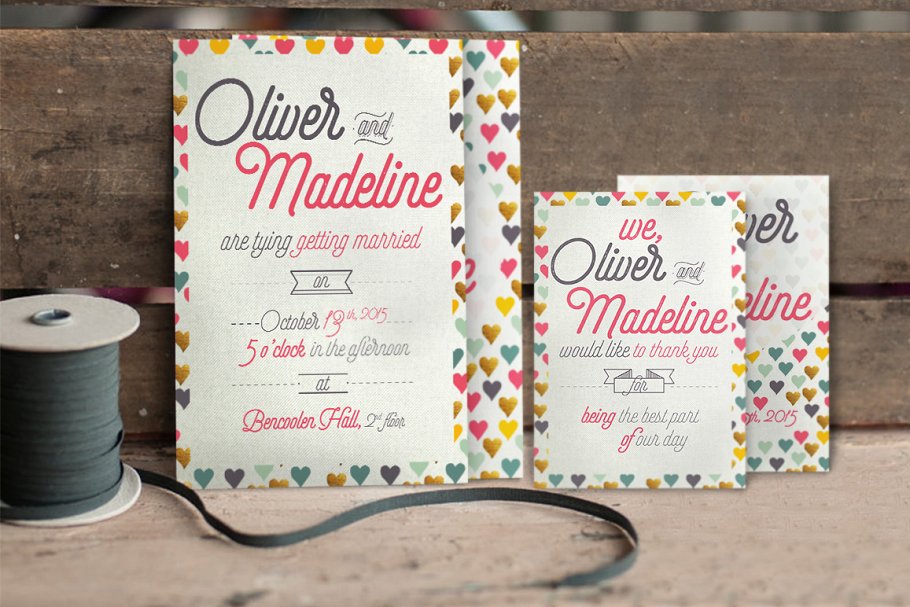 简约风格别致字体排版婚礼邀请函设计模板 3 Fun Pattern Wedding Suite