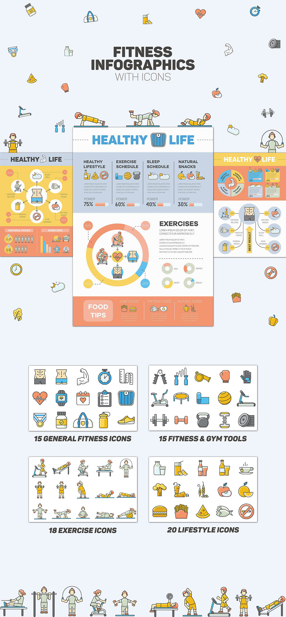 健身相关的图标和图表套装下载[Ai,EPS]