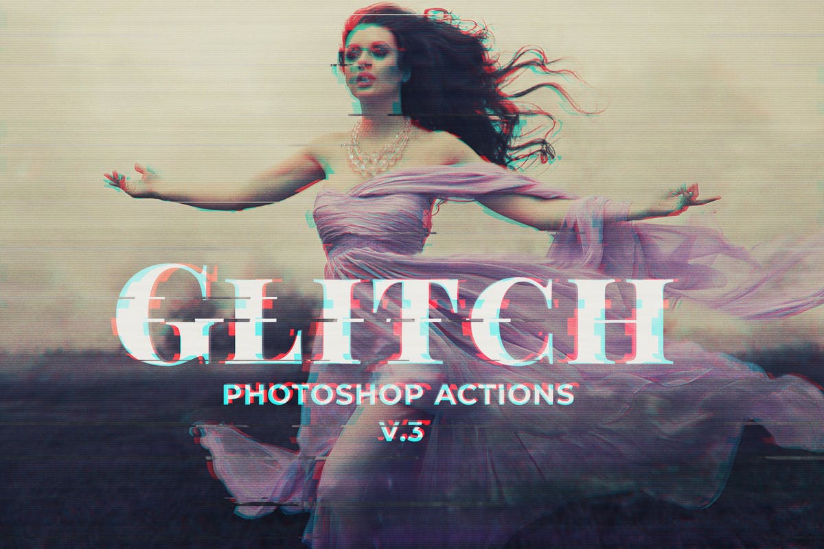 数字故障扭曲毛刺抽象照片特效PS图层样式v3 Glitch Photoshop PSD Template Ver. 3