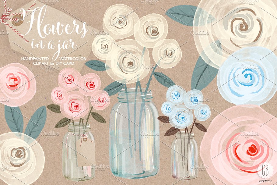 奶油玫瑰梅森罐水彩剪贴画 Watercolor cream roses mason jar