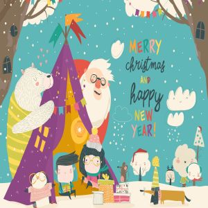 卡通儿童/动物/圣诞老庆祝圣诞节场景矢量插画素材 Kids celebrating Christmas with animals and Santa