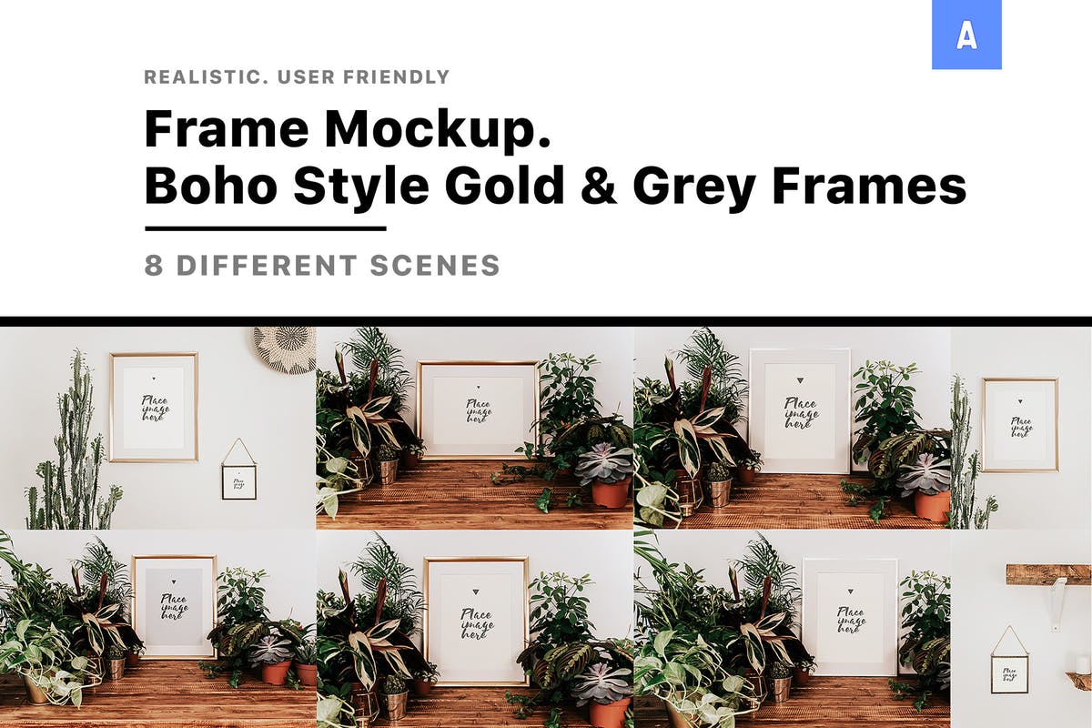 盆栽装饰画框样机模板 Frame Mockup Boho Style