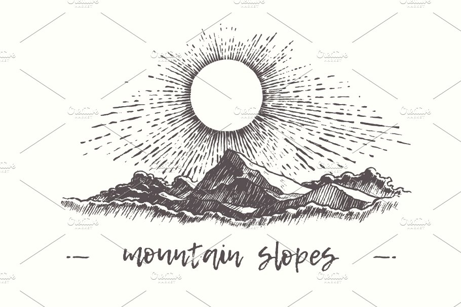太阳与山脉素描矢量图形 Illustration of mountain slopes
