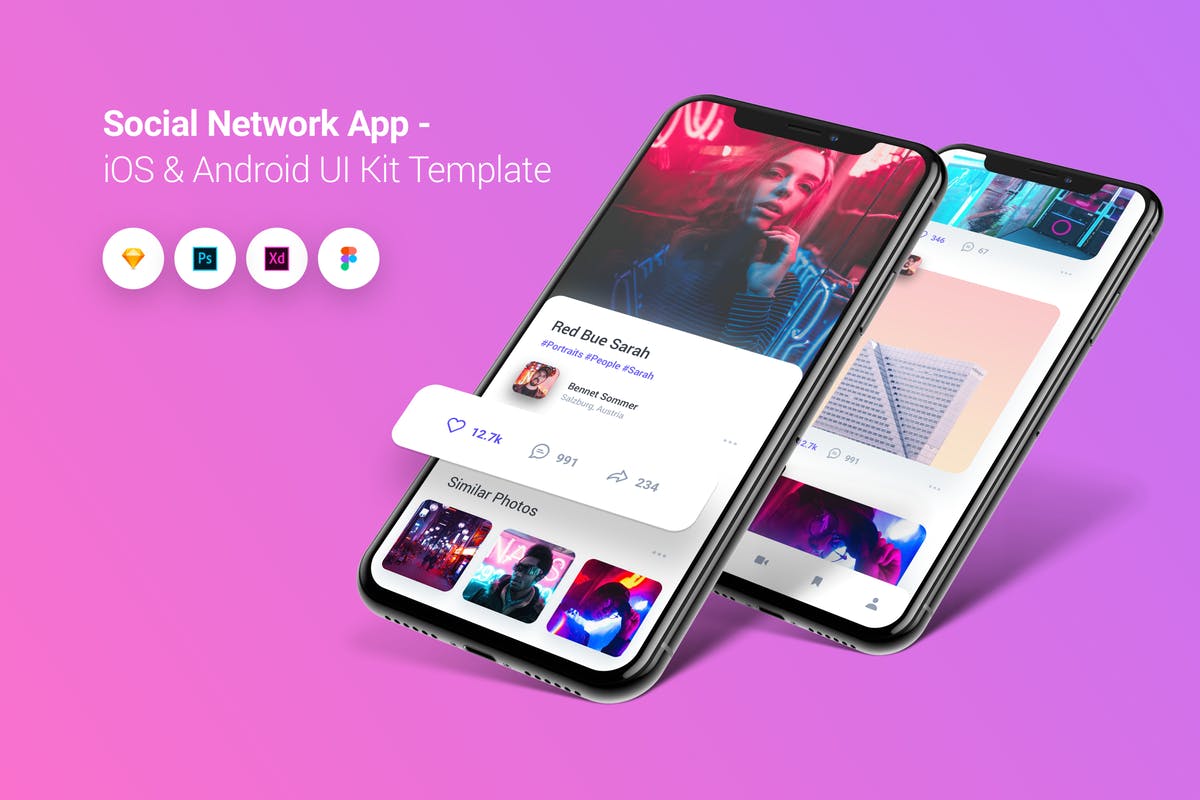社交媒体网上交友APP应用UI套件 Social Network App iOS & Android UI Kit Template